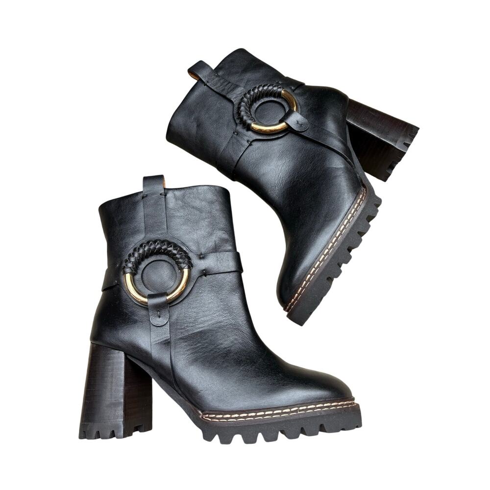 See by Chloé Hana Leather Harness Ankle Boots Black Lug Sole EU38/US8 NWOB